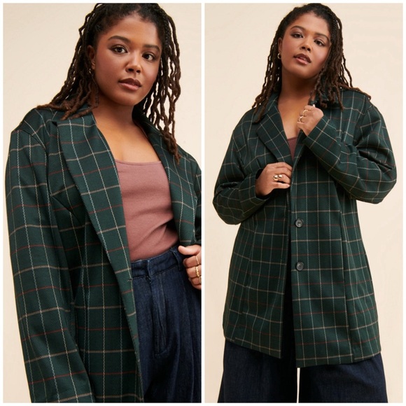 Anthropologie Jackets & Blazers - Avec Les Filles • NWT Oversized Knit Plaid Green Plaid Blazer Preppy Academia